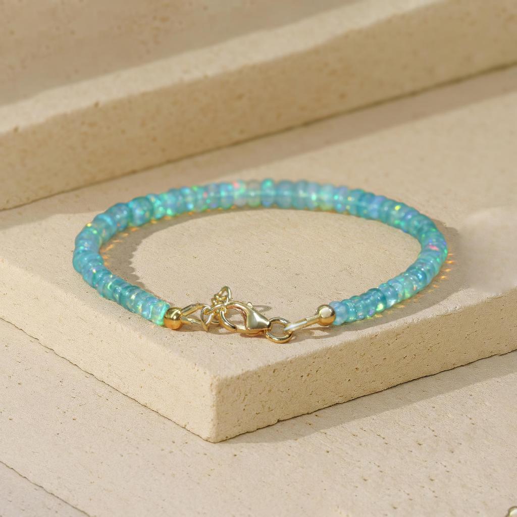 Genuine Green Opal Gemstone Beaded Bracelet, Fire Opal Bead Sterling Silver Bracelet, October Birthstone, Handmade Bracelet, Gift for Her