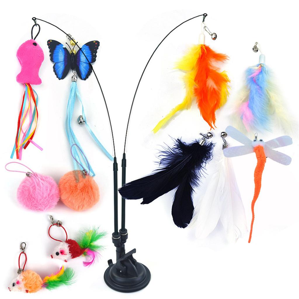 Pet Cat Toy Set Teaser Stick Set Multifunction Interactive Cat Toy Detachable Handfree Cat Toy Stick for Floor Glass Door Panel