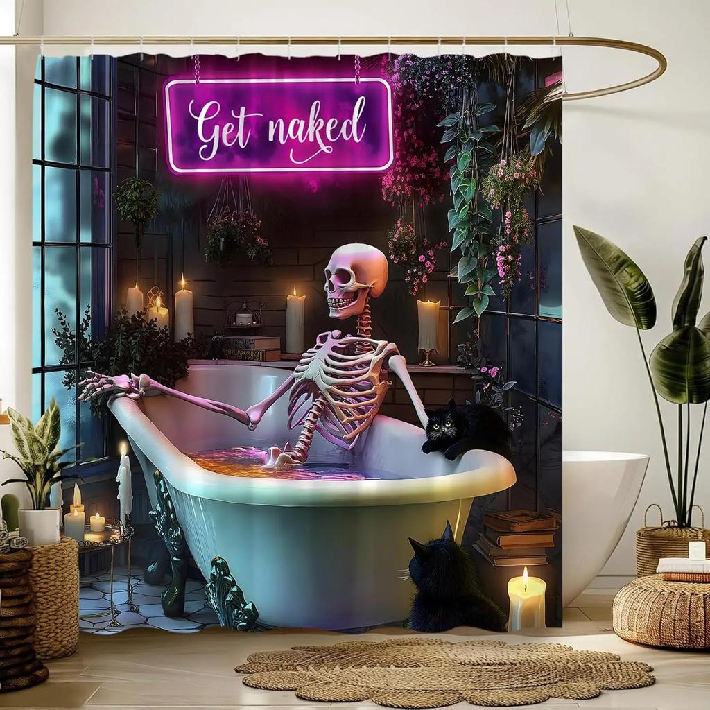 Lustiger Gothic Schädel Duschvorhang Halloween Gruseliger Schädel Skelett in Badewanne Grüne Pflanze Gruselig Kreativer Stoff Badezimmerdeko
