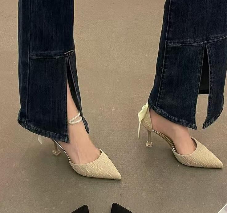 Women Elegant Pearl Stiletto Heels Open Back Evening Dress Shoes Summer New Fairy Single Pumps