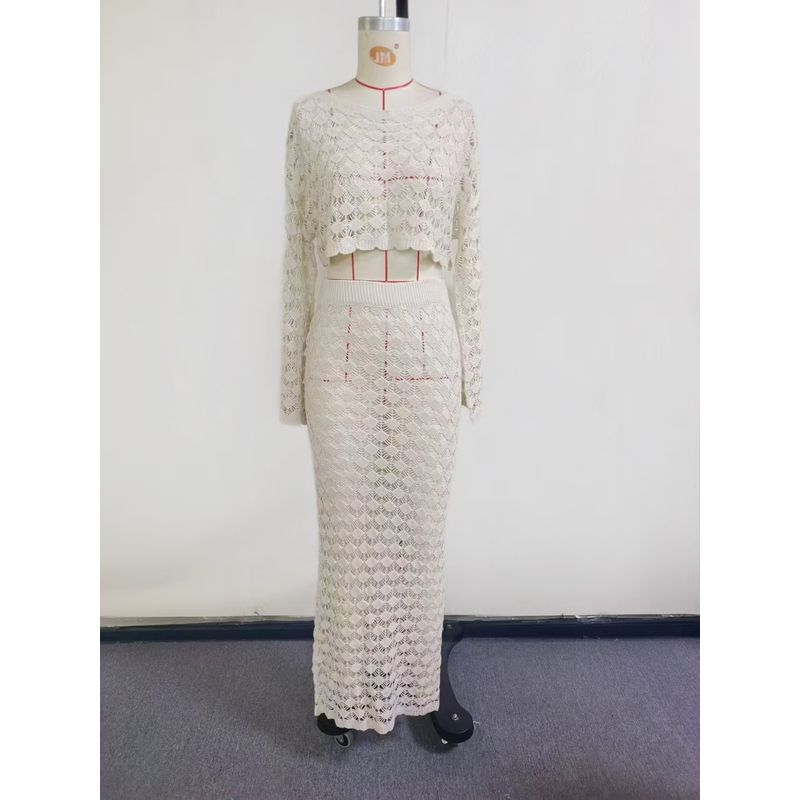 

European and American Hollow Knitted Beach Vacation Top Skirt sets Knited Top and Skirt Set Apricot L