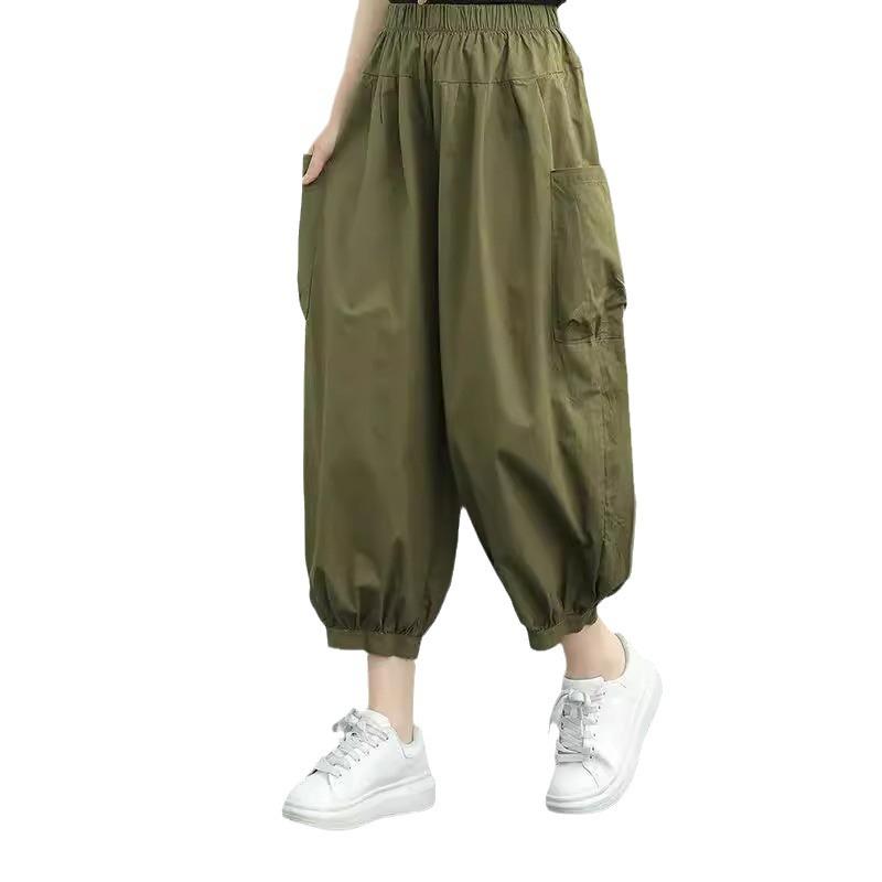 Pure Cotton Women's Slim Harem Pants - 2024 Summer High Waist Bloomers with Loose Cuffs and Plus Sizes