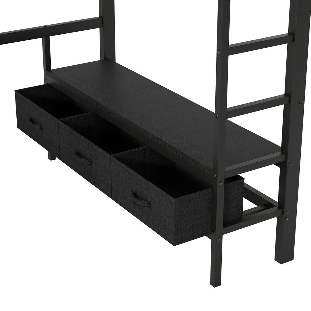 Letto a soppalco in metallo per giocare 140 x 200 cm con USB, LED, Scrivania, Armadio Aperto e 3 Cassetti per Biancheria, Nero