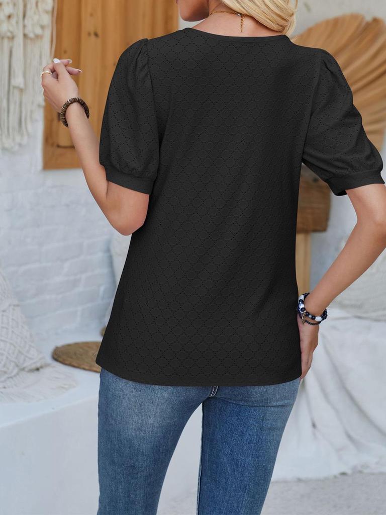 2024 Spring/Summer Women's U-neck Loose Casual T-shirt with Bubble Sleeves