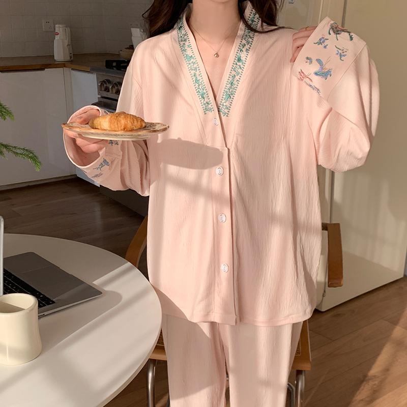 2025 Spring and Autumn Pajamas with Chest Pads Women's Bamboo embroidery Cardigan pyjamas set Simple Temperament Two-piece sleepwear Loungewear Set