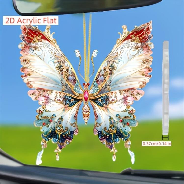 Crystal Like Colorful Butterfly Hanging Ornament 2D Flat Acrylic Pendant Bag Charm for Car Rear Mirror and Home Decors