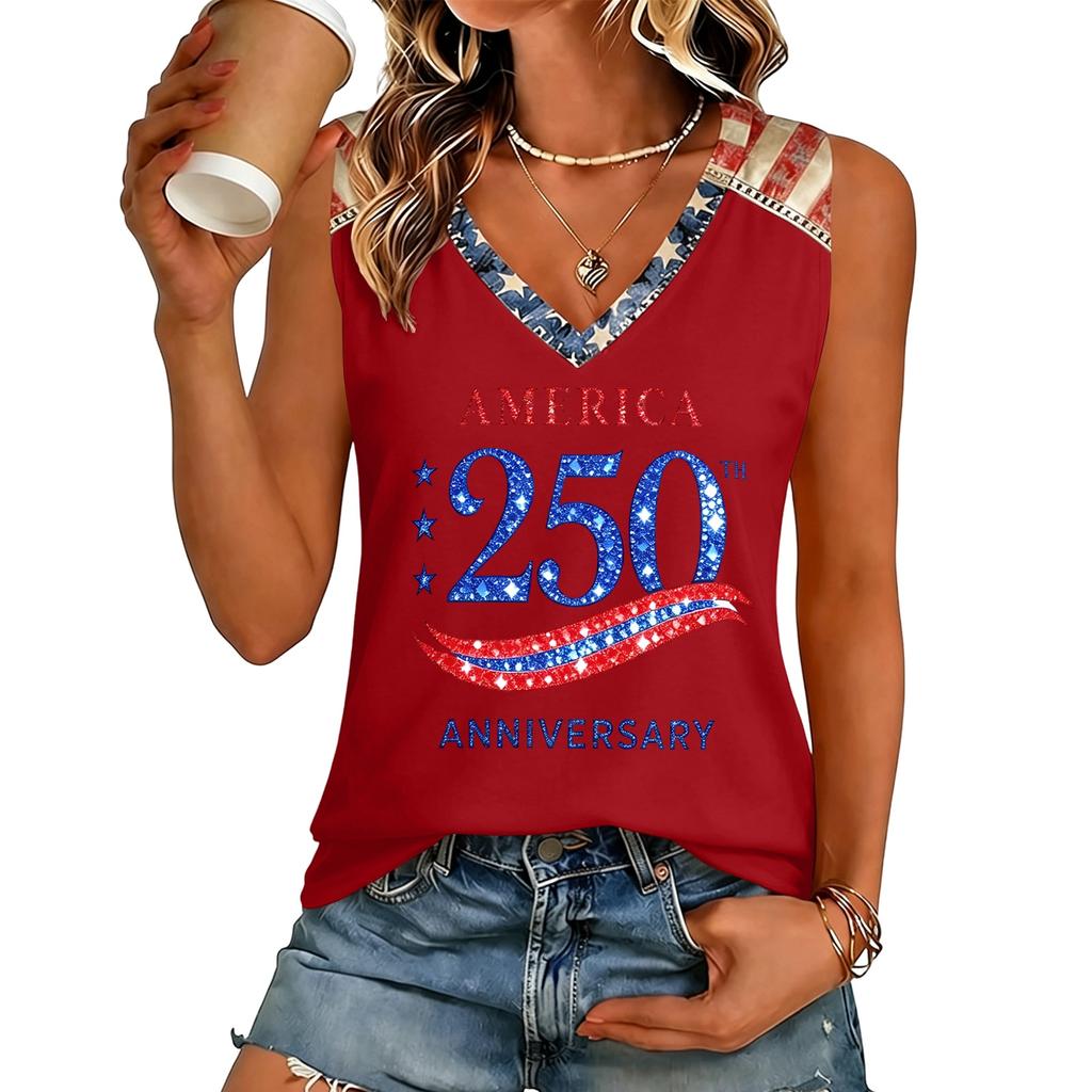 Womens V Neck Short Sleeve T Shirt Casual Fit Letter Print Top Comfortable Lightweight Pullover Tee America 250 Anniversary Design