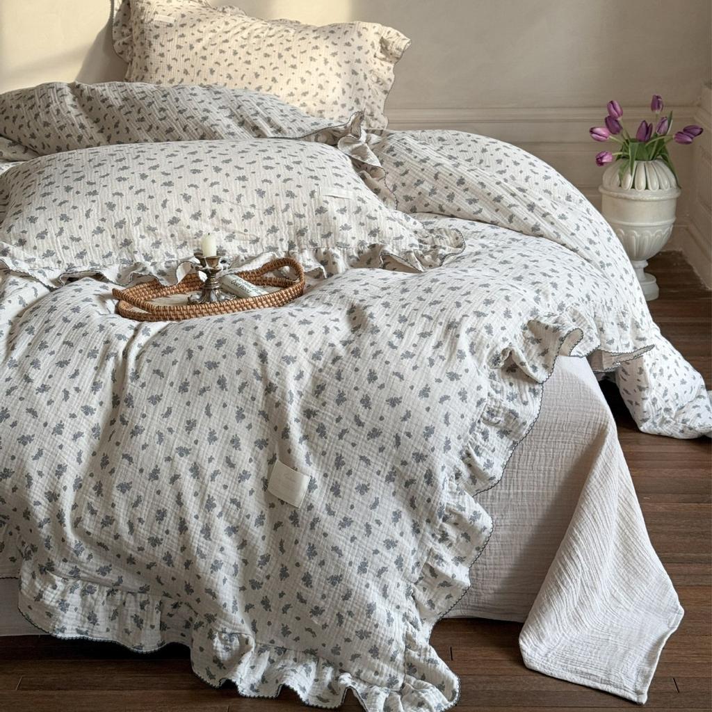 INS Princess Ruffle Edge Gauze 100% Cotton Pillow Case Breathable Duvet Cover Without Filler 3PCS Floral Home Bedding Set