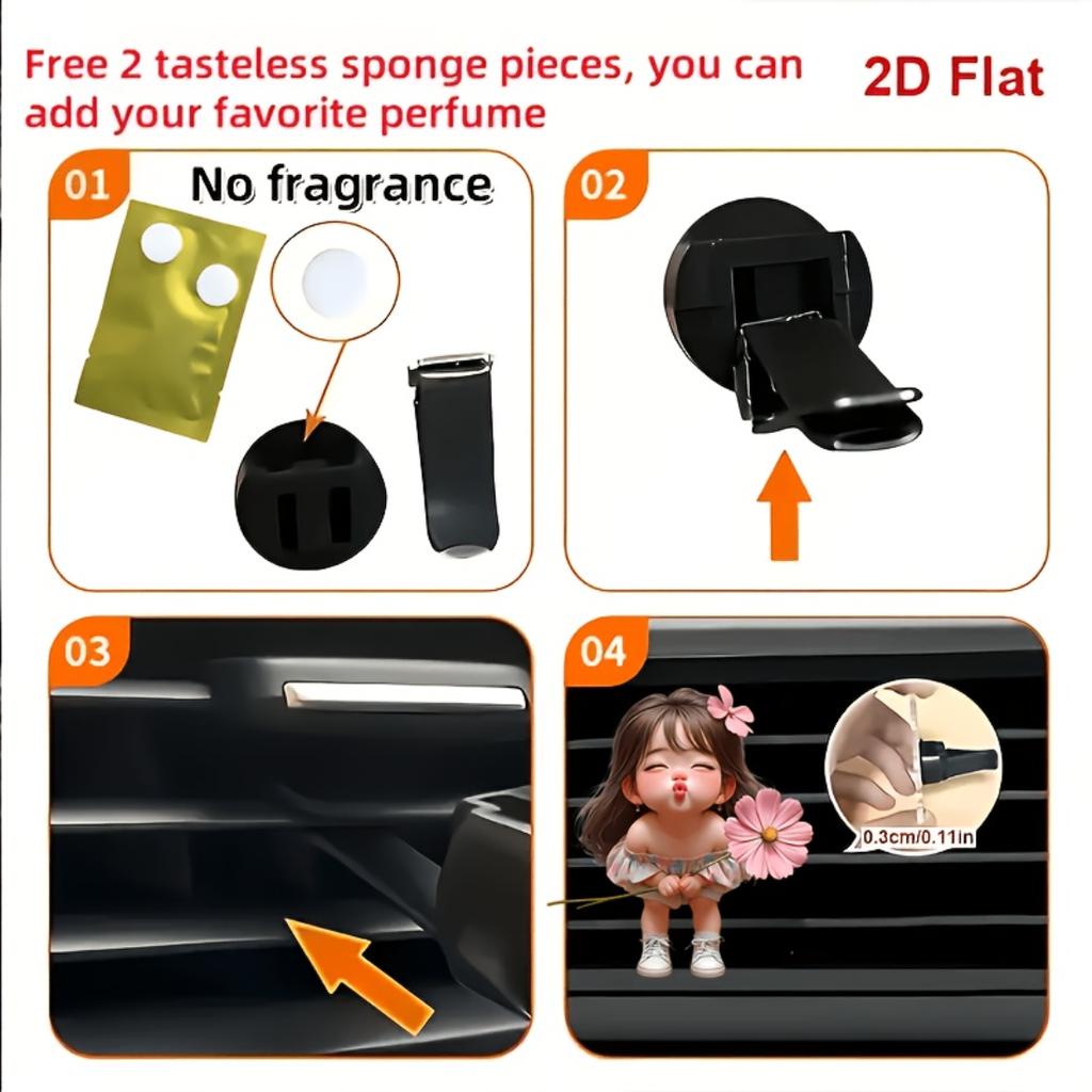 2D Platte Acryl Meisje met Roze Chrysant Geurloze Auto Ventilatierooster Diffuser Clip Met Dubbele Geurloze Sponsjes Auto Accessoire