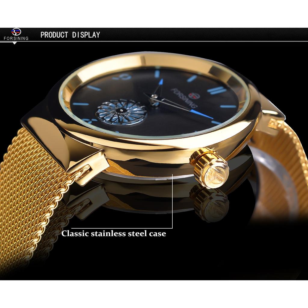 Forsining Męski modny, casualowy, retro, pasek z siatki, zegarek mechaniczny, ręczny, GMT1237-2-W