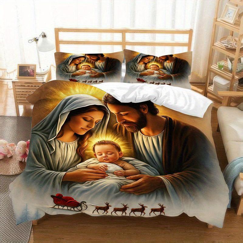 

Set of 3 Nativity Scene Featuring The Holy Family Christmas-Themed Duvet Cover And Pillowcase with a Radiant Design EU Twin(135x200cm)