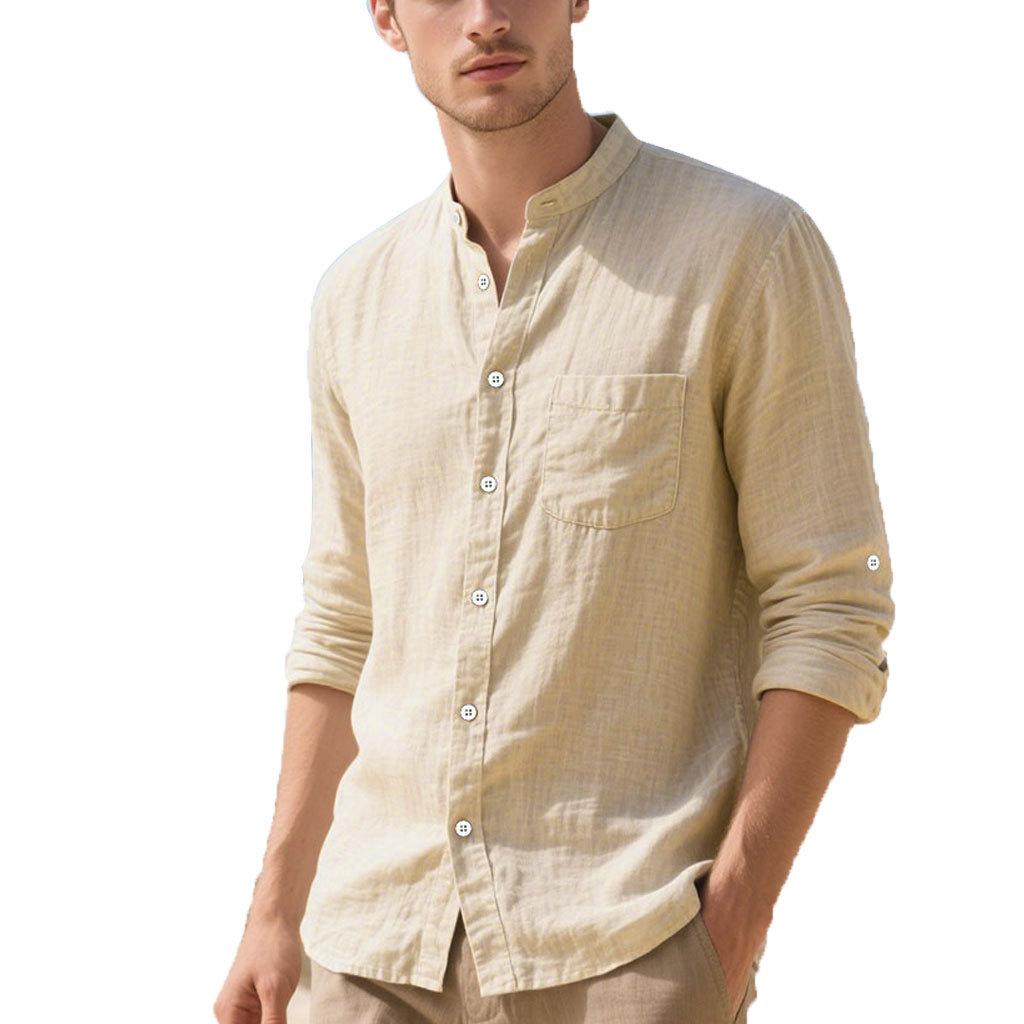 Solid-colour men's shirt Casual cardigan with stand-up collar Loose-fitting linen shirt Retro-inspired men's casual shirt
