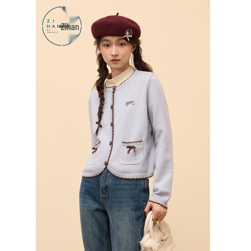 ZIHAN Women's Contrast Trim Embroidered Bow Cardigan