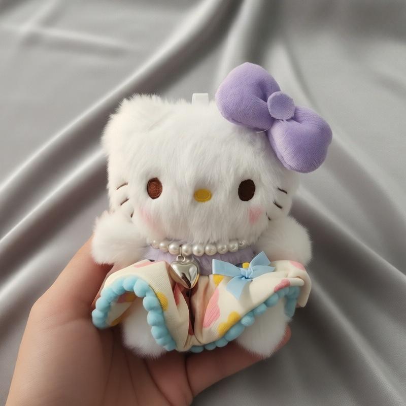 Hello Kitty Sweet Lolita Plush Keychain Pearl Necklace Dress Design Kawaii Kitty Plush Doll Pendant Perfect For Girls Bag Decor