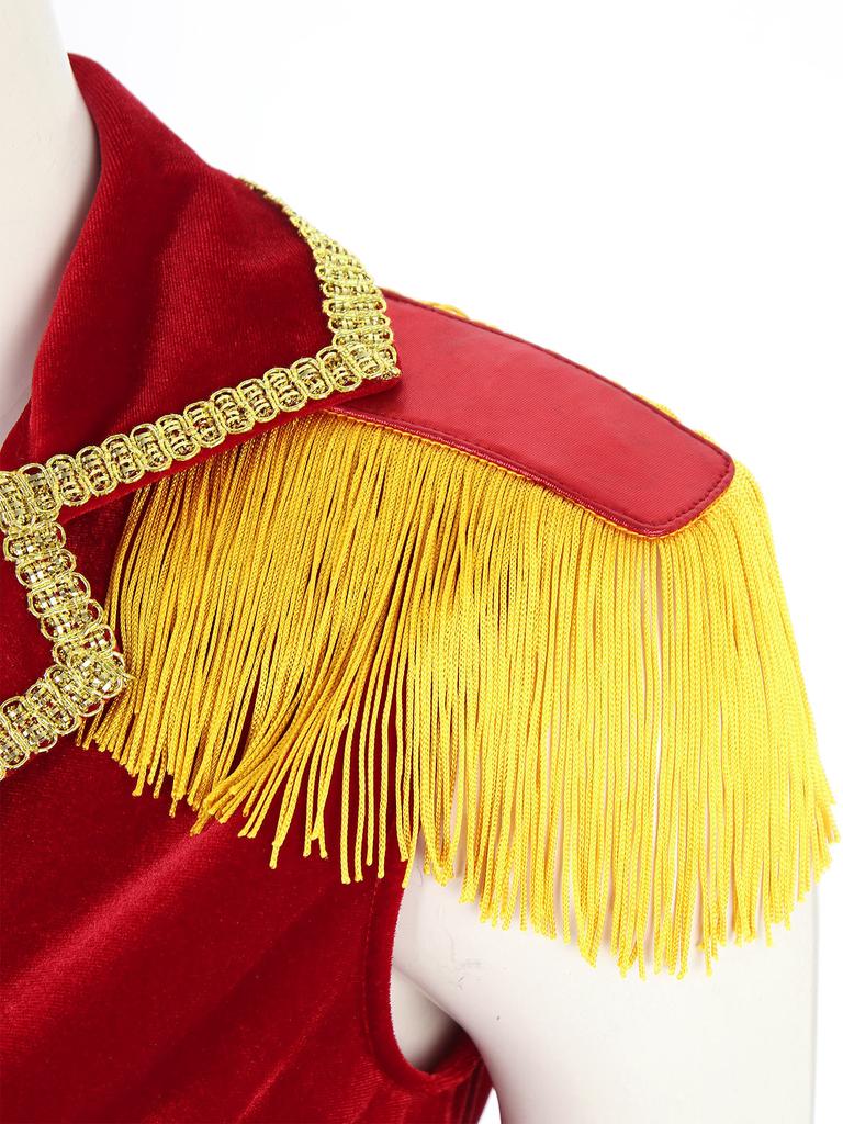 Womens Circus Ringmaster Vest Lapel Sleeveless Tassels Velvet Waistcoat Irregular Hem Button Design Cosplay Costume