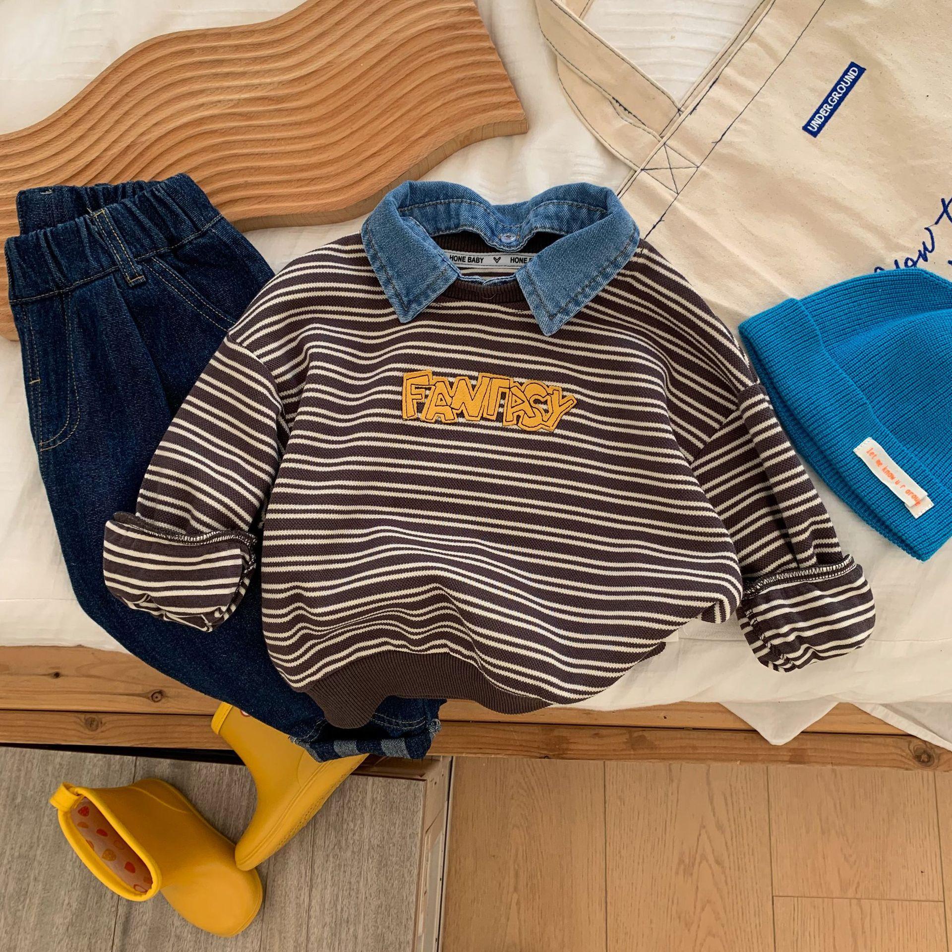 

Детский свитер осенний для мальчиков маленького и среднего размера, детский полосатый джинсовый воротник, повседневный топ для малышей 140cm