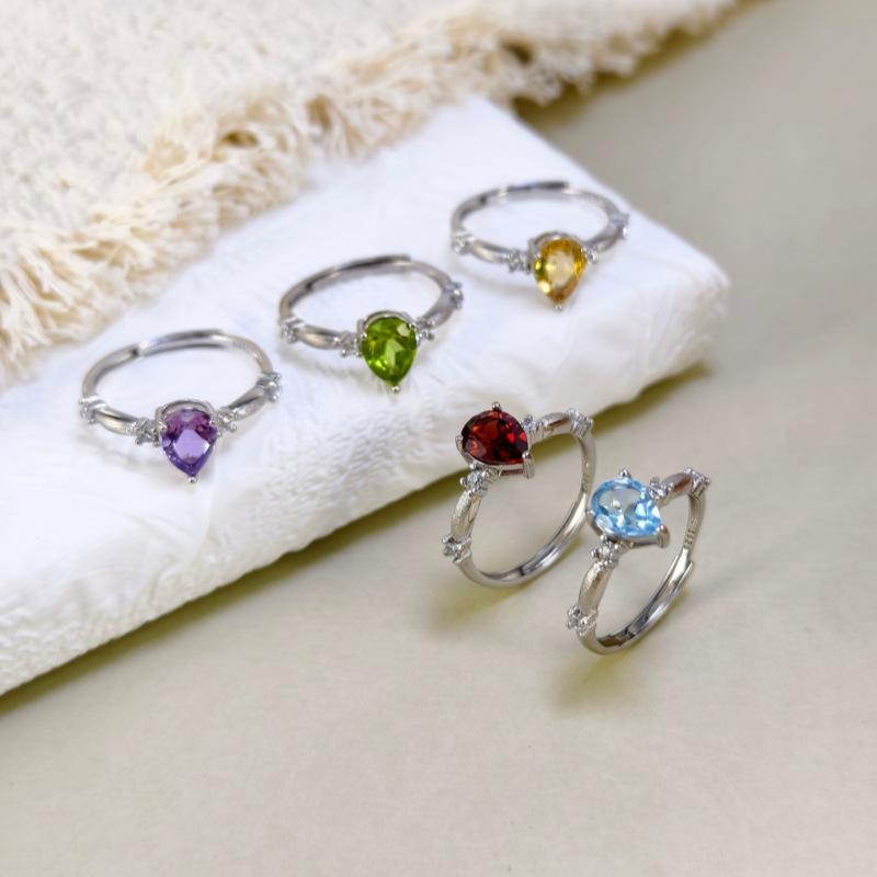 S925 Sterling Silver Ring Natural Peridot Garnet Crystal Inlaid Brushed Craft Fashion Finger Ring For Women