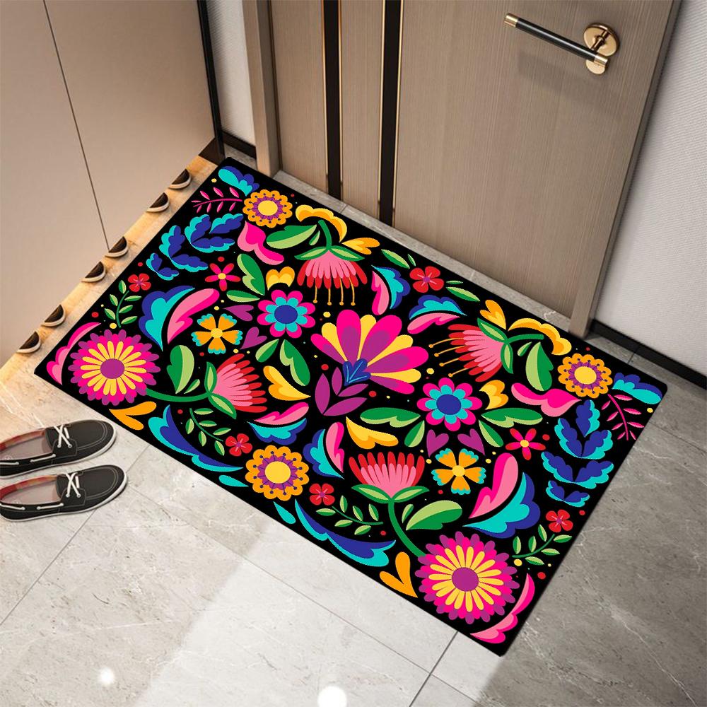 Mexican-style Flower Print Welcome Doormat Non-Slip Machine Washable Carpet for Living Room Bedroom Bathroom Kitchen Laundry Rug