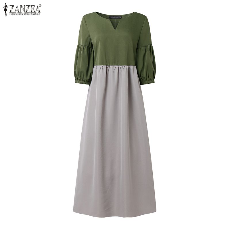 ZANZEA Lässiges, langes Kleid mit V-Ausschnitt und 3/4-Ärmeln für Damen