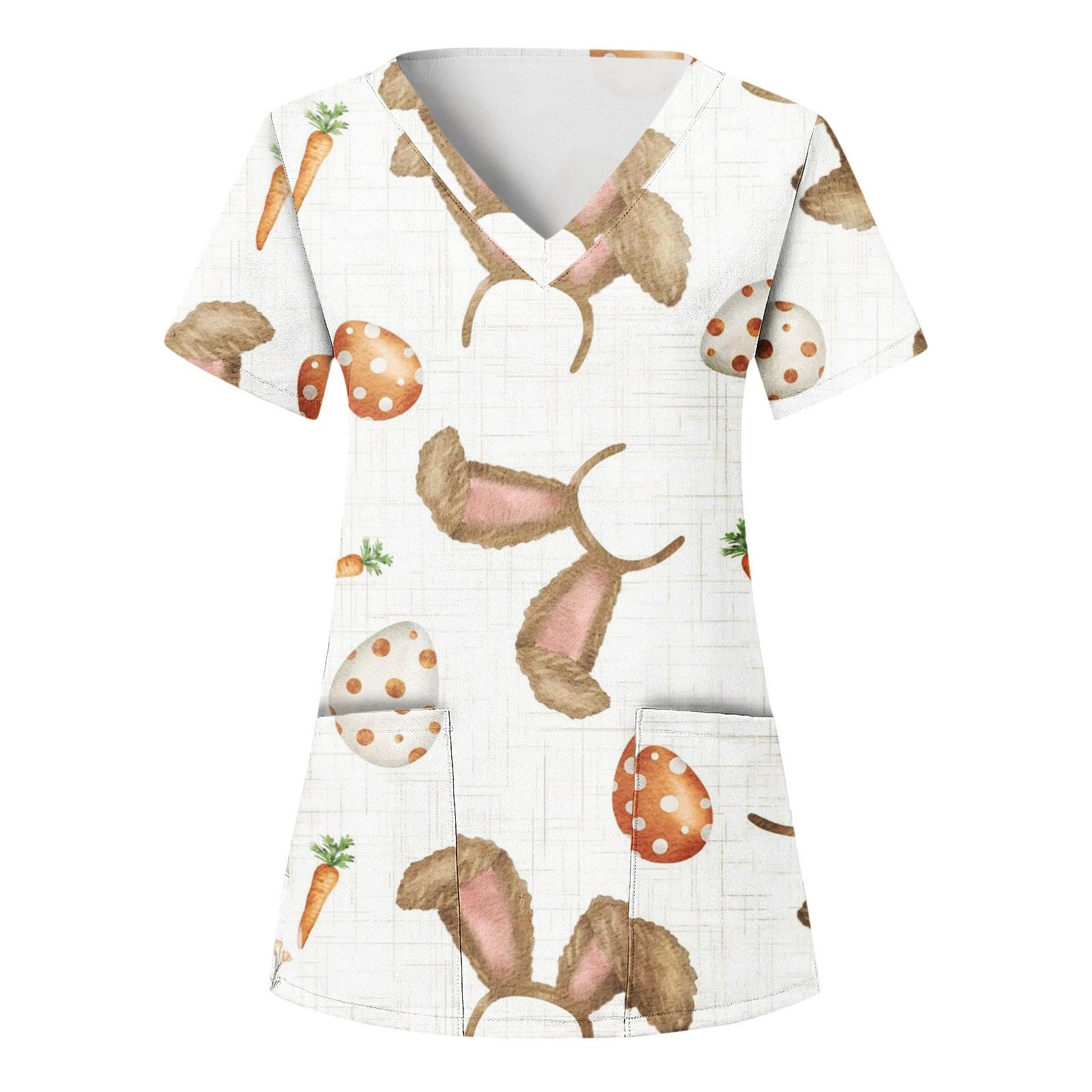 

Women s Fashion Easter Printing Short Sleeve V-neck Tops Working Pocket Blouse XXXL білий