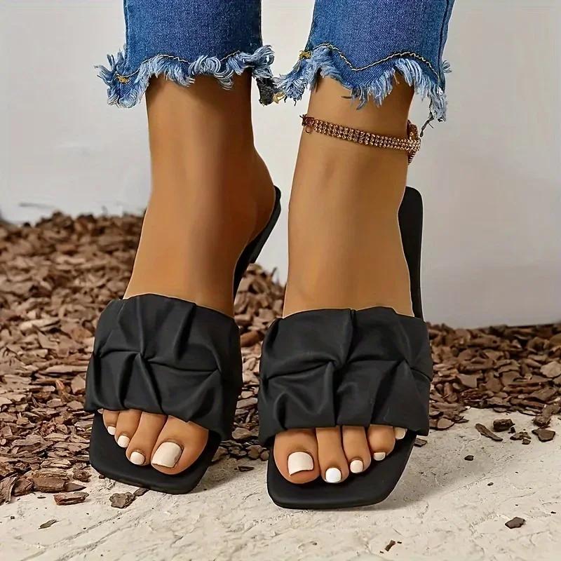 Fashion Casual Lightweight Slide Sandals - Women's Pleated Design Open Toe Flat Summer Shoes