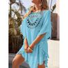 Women's Loose Fitting Casual Vacation Short Sleeved Patchwork Fashion Tassel Beach Bikini Cover Up