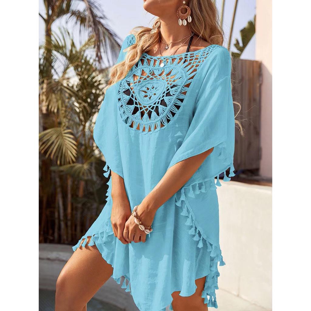Women's Loose Fitting Casual Vacation Short Sleeved Patchwork Fashion Tassel Beach Bikini Cover Up