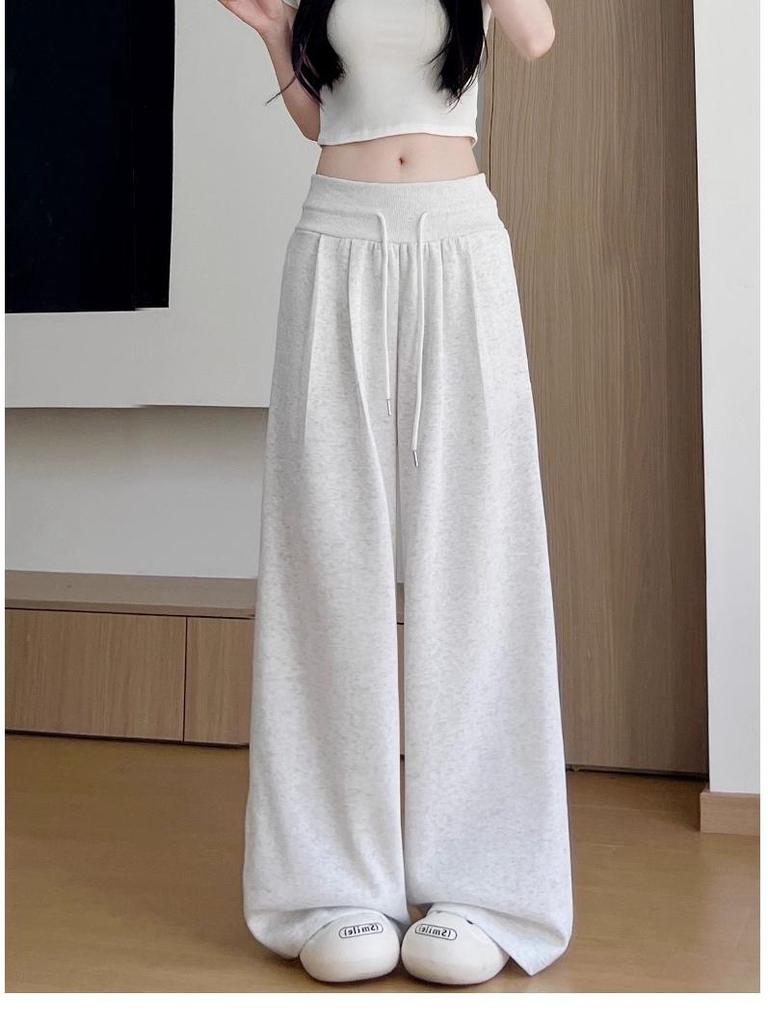 Women's White-Gray Low-Waist Wide-Leg Sweatpants - Petite, Casual, Autumn Drape