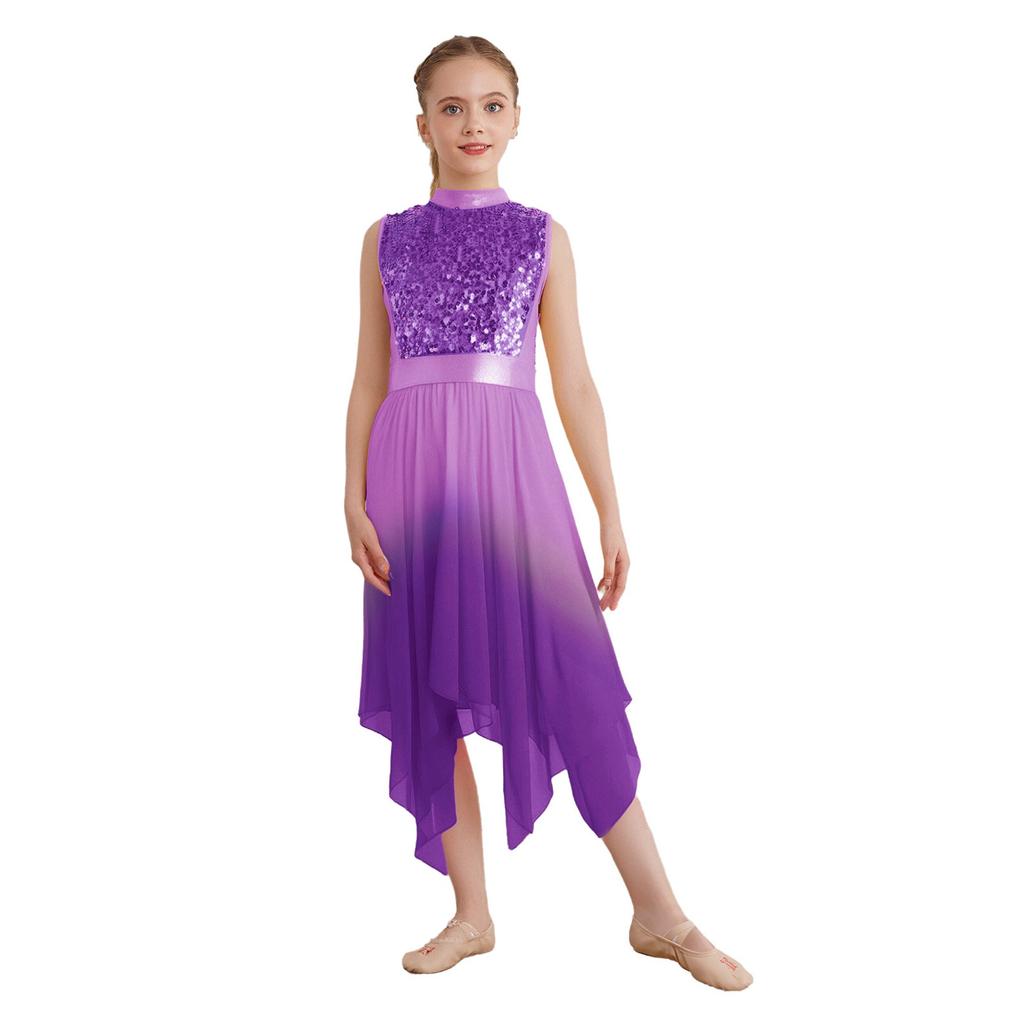 Girls Liturgical Dance Dress - Sleeveless Mock Neck Tunic with Asymmetrical Hem & Shiny Sequins for Worship Performance
