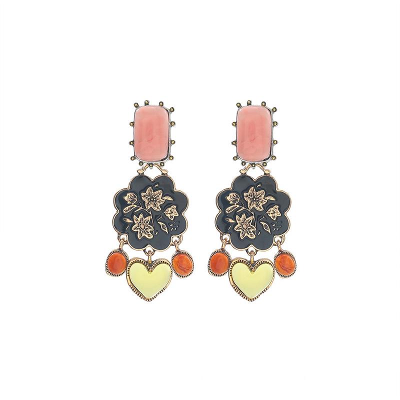 Retro Ethnic Style Resin Heart Dangle Earrings For Women Exquisite Charm Trendy Enameled Flower Earrings Party Jewelry Gift