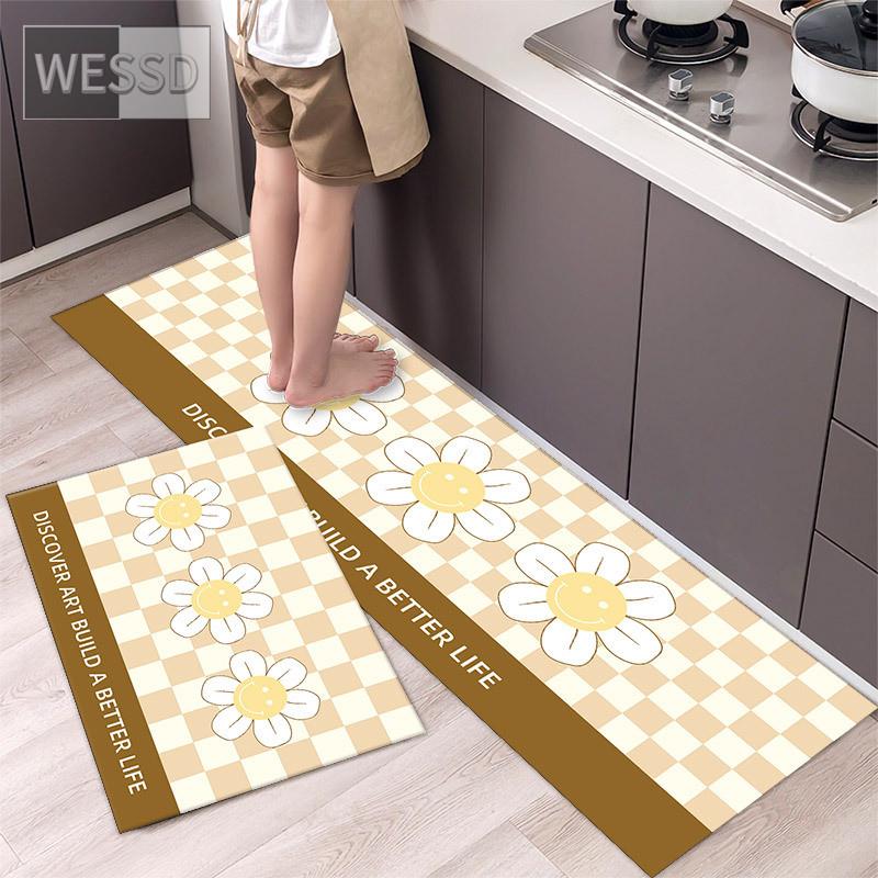 Tegneserie sjakkbrett Solblomst kjøkkenmattesett Søt løpeteppe til hjemmet Absorberende Anti-skli Vaskbare baderomsmatter 40x60cm 40x120cm 2 stk.