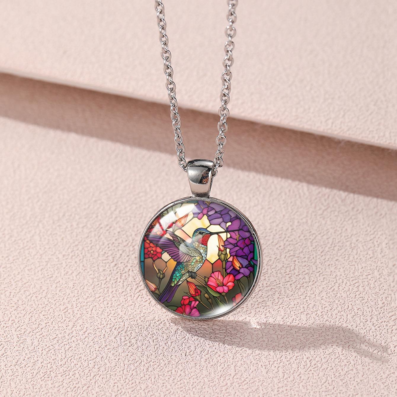 

Cardinal And Charming Bat Glass Pendant Necklace With Geometric Elements Design YXL1