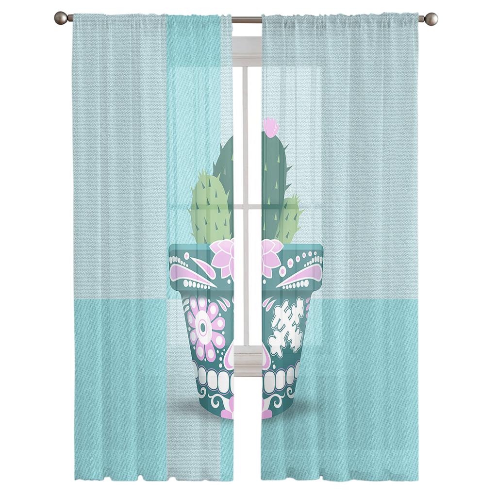 Plant Cactus Flower Pot Tulle Curtains For Living Room Decoration Modern Chiffon Sheer Voile Kitchen Curtain
