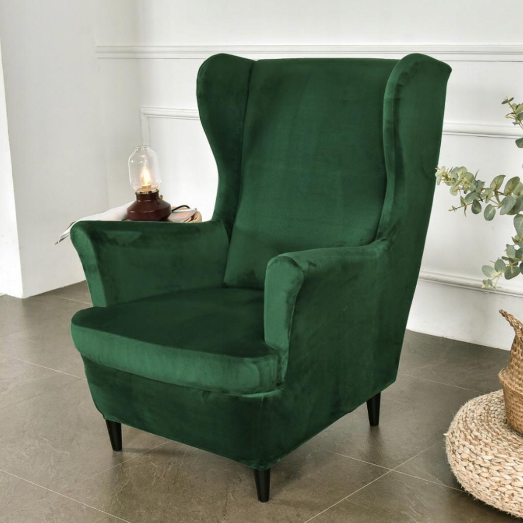 Wingback Chair Cover, Elastic Velvet, XL, Green, Universal Seat