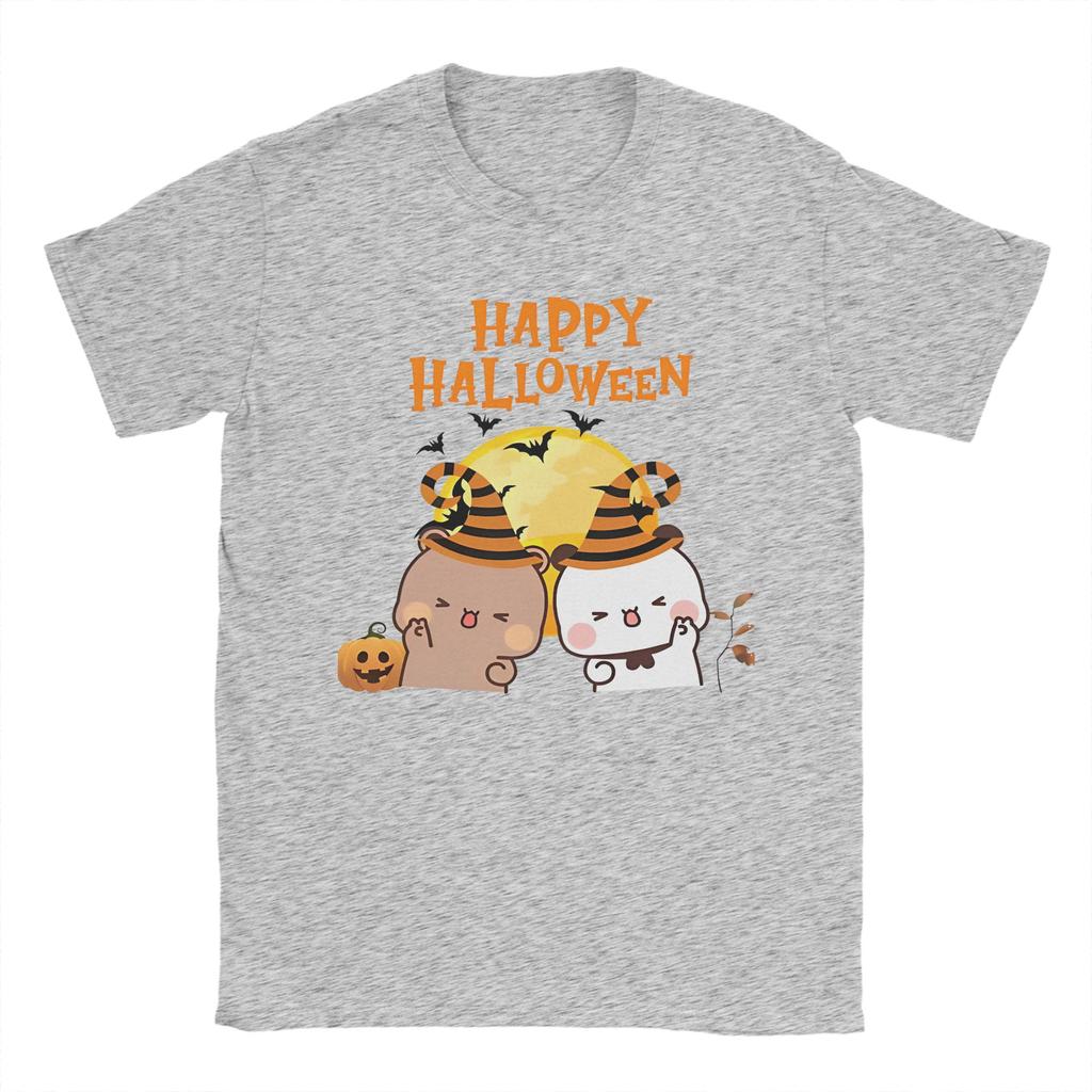 DuDu Bear and BuBu Panda Halloween T Shirt Men's Cotton Tops Aesthetic Kawaii Round Neck Short Sleeve