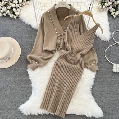Lazy Style Lace Up Nail Bead Knitted Cardigan Set Women's Sweater Jacket Slimming Camisole Dress Two-piece Set Thick