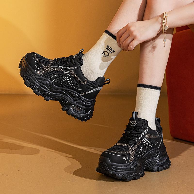Small Man Thick-soled Inner Height Increase Dad Shoes Women's 2025 Autumn New Sports and Leisure Shoes Fashion Rhinestone Women's Shoes