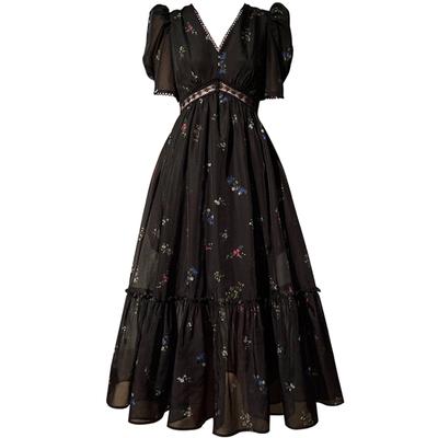 Floral Dress for Women 2023 Fashion Vintage Short Sleeves V Neck Summer Dress French Style Folds Pullover Maxi Dress