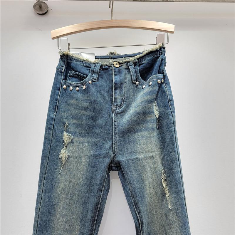 American retro washed old jeans women's summer spice low waist rough edge micro-horn mopping floor wide leg pants tide