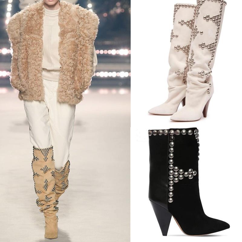 Fashion Brand Rivet Inlaid Women's Knee High Boots Cowhide Suede Stage Show Ankle Boots Fashionable Sexy Autumn  Winter Womans Shoes