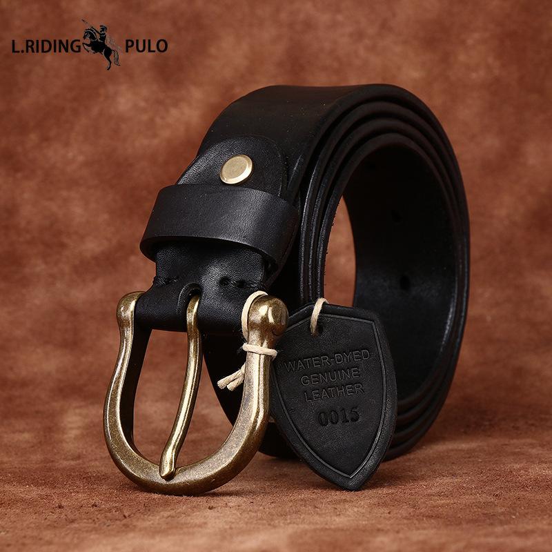 High-end Retro Water-dyed Genuine Leather Belt for Men, Top Layer Cowhide, Retro Fashion Trendy Versatile Horseshoe Buckle Belt for Men