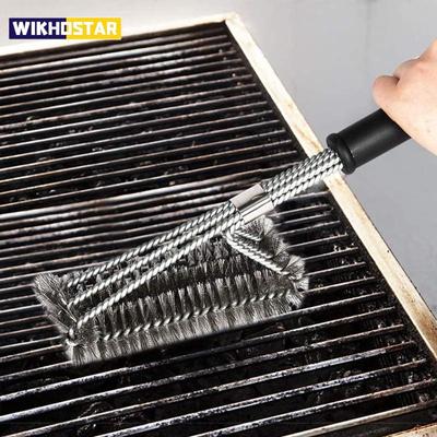 Griglia per barbecue Spazzola per barbecue in acciaio inossidabile Setole metalliche Spazzole per pulizia antiaderenti con manico Rimuovi macchie Accessori per barbecue