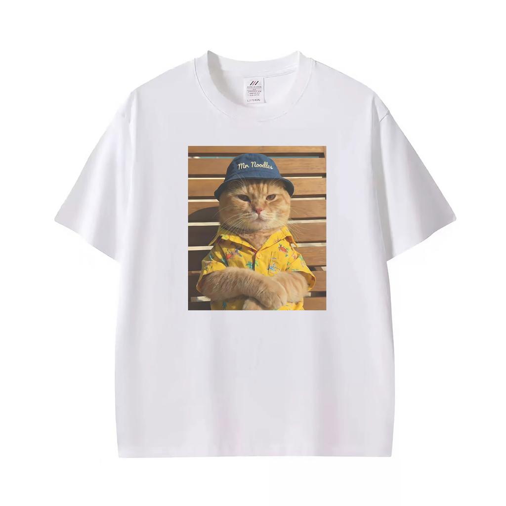 Mr Noodle Cat In Bucket Hat Funny Kitty Photo T Shirts Unisex Retro Short Sleeve Tshirt Unisexs Clothing Casual Oversized Tshirt