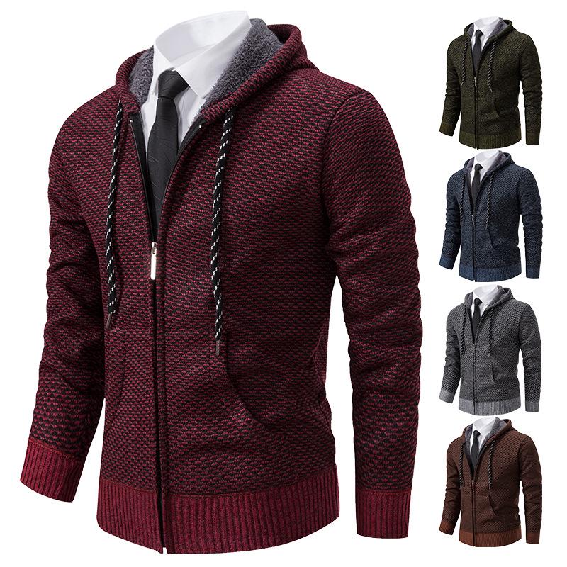 Men's Hooded Fleece-Lined Knitted Cardigan - Thick, Plus Size, Autumn/Winter 2023 Collection.