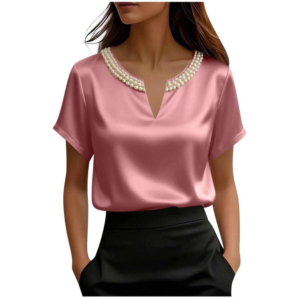 Top da Donna alla Moda a Vestibilità Larga Francese Raso Raso Collo di Perle Manica Corta