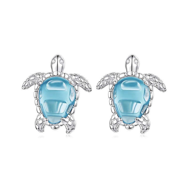 WOSTU Ocean Jewelry Blue Sea Turtle Stud Earrings for Women White Gold Plated Animal Studs 925 Silver backs Holiday Beach Gift
