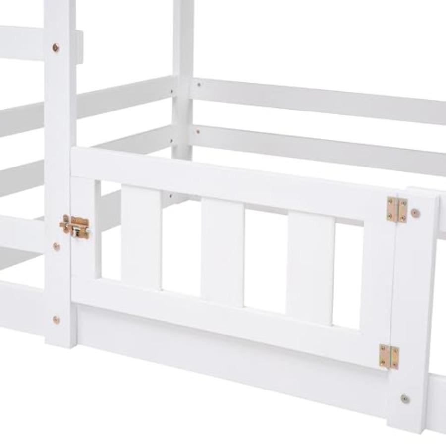 Twin Over House Bunk Bed with Fence and Door, White Bed Frame, Heavy Duty Strong Support Slats, Storage Space Under Base, Easy