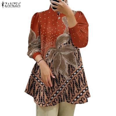 Women Casual Stand Collar Loose Long Sleeve Retro Print Blouse