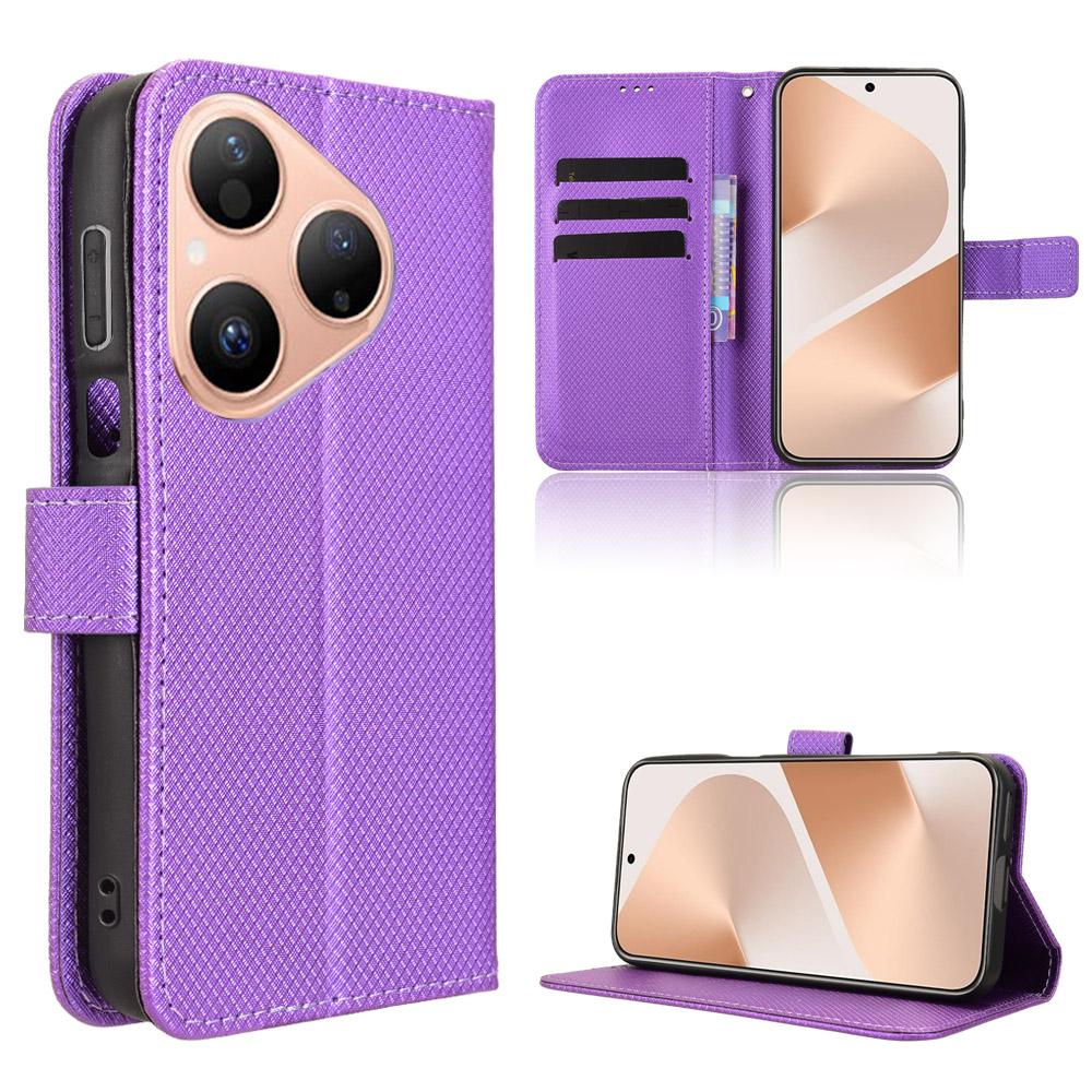 

For Huawei Pura 80 Leather Wallet Case with Strap Diamond Texture Phone Cover Purple