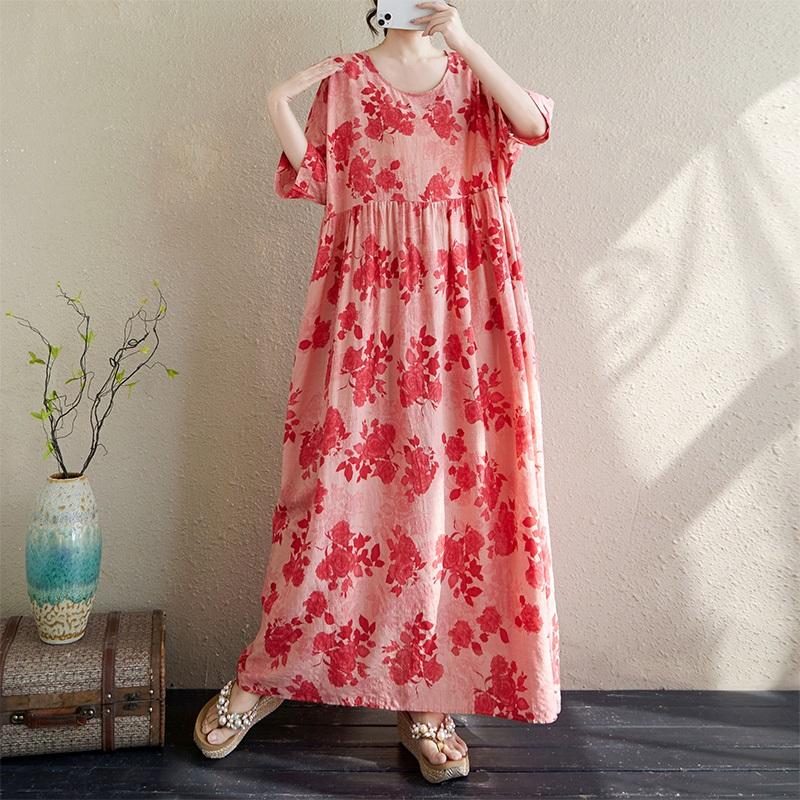 Krátký rukáv Plus size Bavlněné vintage květinové nové šaty pro ženy ležérní volné dlouhé letní šaty